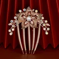 Elegant rose gold flower hair comb with white pearl, rhinestones and five metal prongs - Champagne