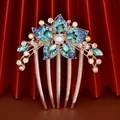 Floral hair comb with blue rhinestones, pearls and rose gold metal for vintage styling - Blue