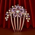 Elegant floral hair comb with purple rhinestones and white pearls on gold plating - Purple