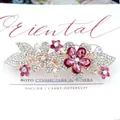 Pink rhinestone floral hair clip with crystal leaves and rose gold metal spring clamp - Blush