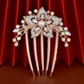Vintage rose gold floral hair comb with white pearls and sparkling rhinestones - White