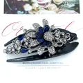 Elegant black flower hair clip with deep blue sapphire-like teardrop rhinestones - Lily Blue