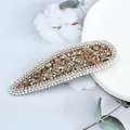 Elegant champagne crystal BB hair clip with pearls and rhinestones on white base - Teardrop / Wheat