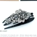 Elegant large black hair claw clip with grey crystal flower embellishment and rhinestones - Butterfly Gray