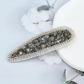 Elegant oval hair clip with dark grey crystals and white pearl bead trim - Teardrop / Graphite