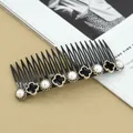 French vintage hair comb with black clovers, faux pearls, and gold finish details - Clover Pearl