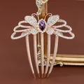 Elegant rose gold butterfly hair comb featuring purple gemstone and white crystals - Purple Butterfly