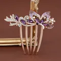 Elegant rose gold butterfly hair comb with purple crystals and five-tooth metal grip - Purple Butterfly Flower