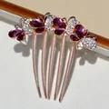 Elegant purple crystal butterfly hair comb with sparkling rhinestones in rose gold finish - Red