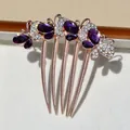 Elegant rose gold butterfly hair comb with deep purple crystals and sparkling rhinestones - Purple