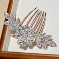 Elegant rose gold flower hair comb with shimmering crystals and five-tooth metal base - White