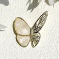 Elegant gold butterfly brooch with iridescent white shell wings and sparkling rhinestones - Old World Swallowtail