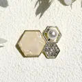Elegant gold hexagon brooch with mother of pearl, white pearl and sparkling crystals - Polygon