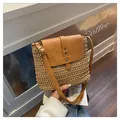 Handmade light brown straw crossbody bag with brown leather flap and metal rivets - One Size / Khaki