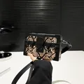 Brown faux snake skin box crossbody bag with black trim and vintage style metal lock - Khaki
