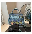 Vista detallada del bolso tricolor con estampado de serpiente y herrajes plateados - Azul