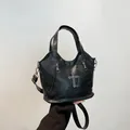 Black cross pendant motorcycle bag with lychee texture and silver zippers - Black