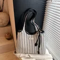 Schwarz-weiß gestreifte Canvas-Einkaufstasche mit langen Riemen für das Büro - Einheitsgröße / Schwarz