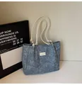 Blue floral canvas tote bag with white leather straps and vintage fashion label - One Size / Blue