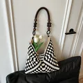 Handcrafted black and white crochet bag with wooden bead handle and floral patterns - Solid Color / Polka Dot Black