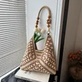 Handmade crochet shoulder bag with geometric brown and beige knit pattern and wood beads - Solid Color / Polka Dot Khaki