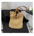 Handcrafted crochet tote bag in beige with brown leather straps and openwork knit pattern - One Size / Khaki