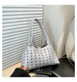 Silver studded handbag with metallic grommets and lychee texture in a trapezoid shape - Small Eyelet / Silver
