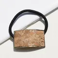 Elastic hair tie with a rectangular metallic frame and vintage cork textured inlay detail - Wheat Field