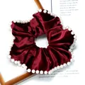 Elegant burgundy velvet scrunchie with white pearl trim for vintage hair styling - Burgundy