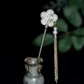 Elegant Chinese hair pin with white plum blossoms, green bamboo leaves and golden tassels - Bamboo Style