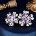 Elegant double flower hair claw clip with purple rhinestones on a silk background - Double Plum Purple