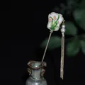 Elegant Chinese silver hairpin with a white floral fan pendant and long tassel detail - Floral Style