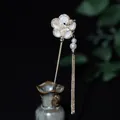 Elegant Chinese hair stick with gold bird, white flower, and long pearl tassels - Jade Style