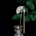 Elegant gold fan-shaped hair pin with carriage relief and long metal tassels - Folding Fan