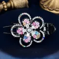 Elegant black flower hair claw clip with colorful rhinestones on silk background - Small Pear Flower Multicolor
