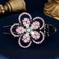 Elegant floral hair claw clip with black lacquer finish and sparkling pink rhinestones - Small Pear Flower Red
