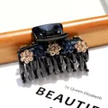 Pinza per capelli in acrilico nero con fiori di strass blu intenso e champagne - Stile di base / Giallo e Blu Base
