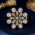 Elegant flower hair claw clip with champagne rhinestones on black acrylic base - Cotton Rose Yellow