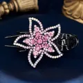 Elegant black acrylic flower hair claw clip with pink rhinestones for women hair styling - Star Red