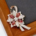 Golden floral brooch with red marquise crystals and white rhinestones for suits - Rose Crystal Fireworks