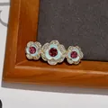 Elegant gold flower hair clip with light blue petals and magenta crystal accents - New Chinese Style Flower Spring Clip / Light Blue Rose Red Flower (Gold Base)