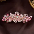 Pink and white crystal flower hair clip with golden base on brown satin background - Five-Petal Flower Red