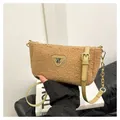 Detail of brown teddy fleece crossbody bag featuring For You tag and gold chain - With Pendant / Khaki