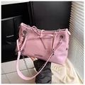 Pink PU leather shoulder bag with decorative bow and silver chain strap for women - Purple