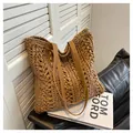 Borsa tote in paglia kaki naturale con manici in pelle marrone e cuciture bianche - Taglia unica / Marrone