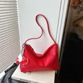Retro red faux leather slouchy shoulder bag with lychee texture and elephant charm - With Elephant Pendant / Red