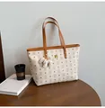 Beige tote bag with bear monogram pattern, brown leather handles, and a cute bear charm - With Pendant / Off White