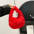 Mini red ruffled satin handbag with a pleated flower design for a trendy sweet style - One Size / Red