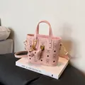 Pink printed leather basket bag with cartoon bear pattern and detachable strap - Single Bag / Pink
