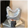 Silver woven hobo bag with marble bead handle and metallic chain strap for women - Silver Woven